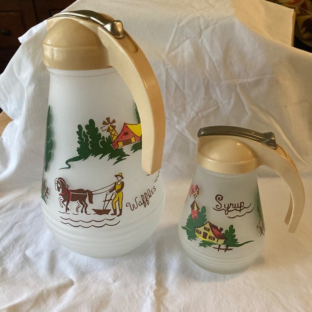 Vintage Hazel Atlas Frosted Glass Waffles Batter & Syrup Pitchers 5.5", 9.5"